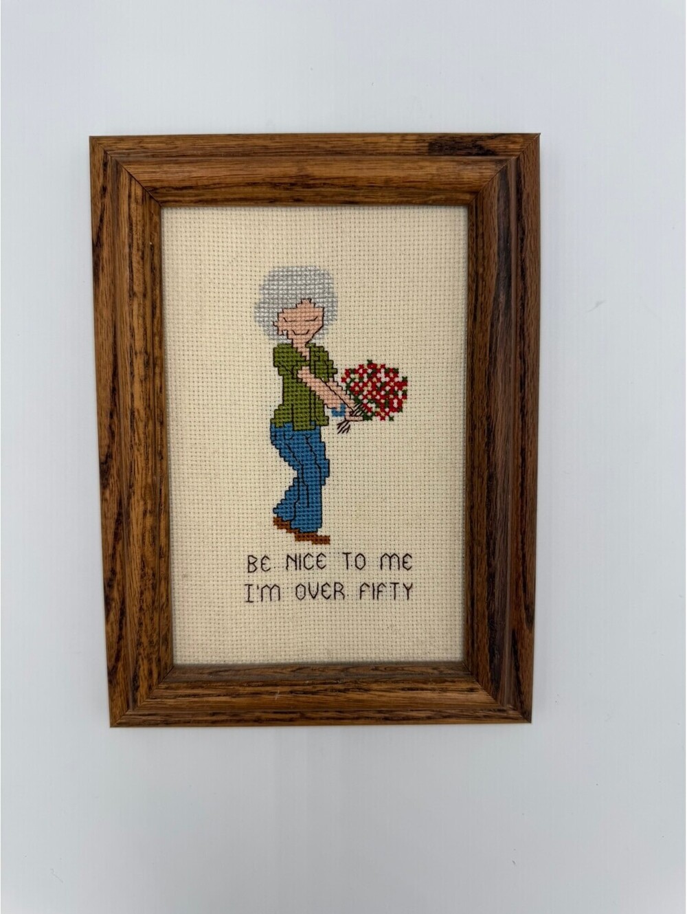 Vintage Over 50 Cross Stitch Framed Wall Art Funny Birthday Grandma Gift